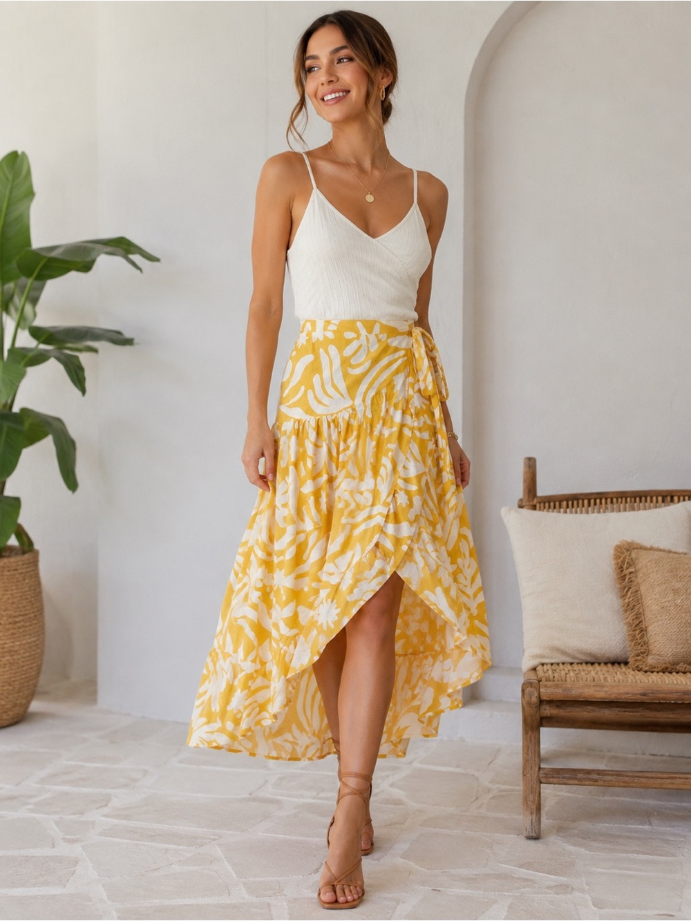 CHRISTIAN SIRIANO Yellow and White Tiered Wrap Maxi Skirt